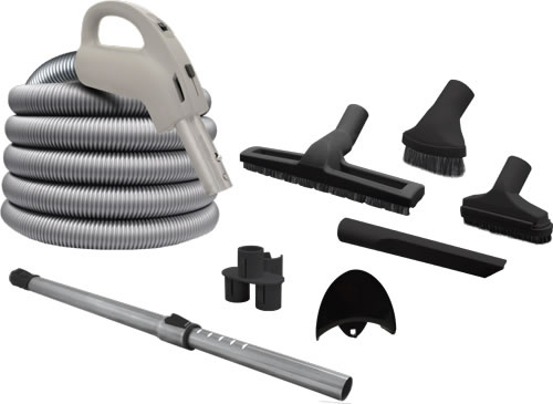 Ensemble d'accessoires pour aspirateur central Airstream. Boyau électrique de 30'/35' avec brosse Deluxe et accessoires.